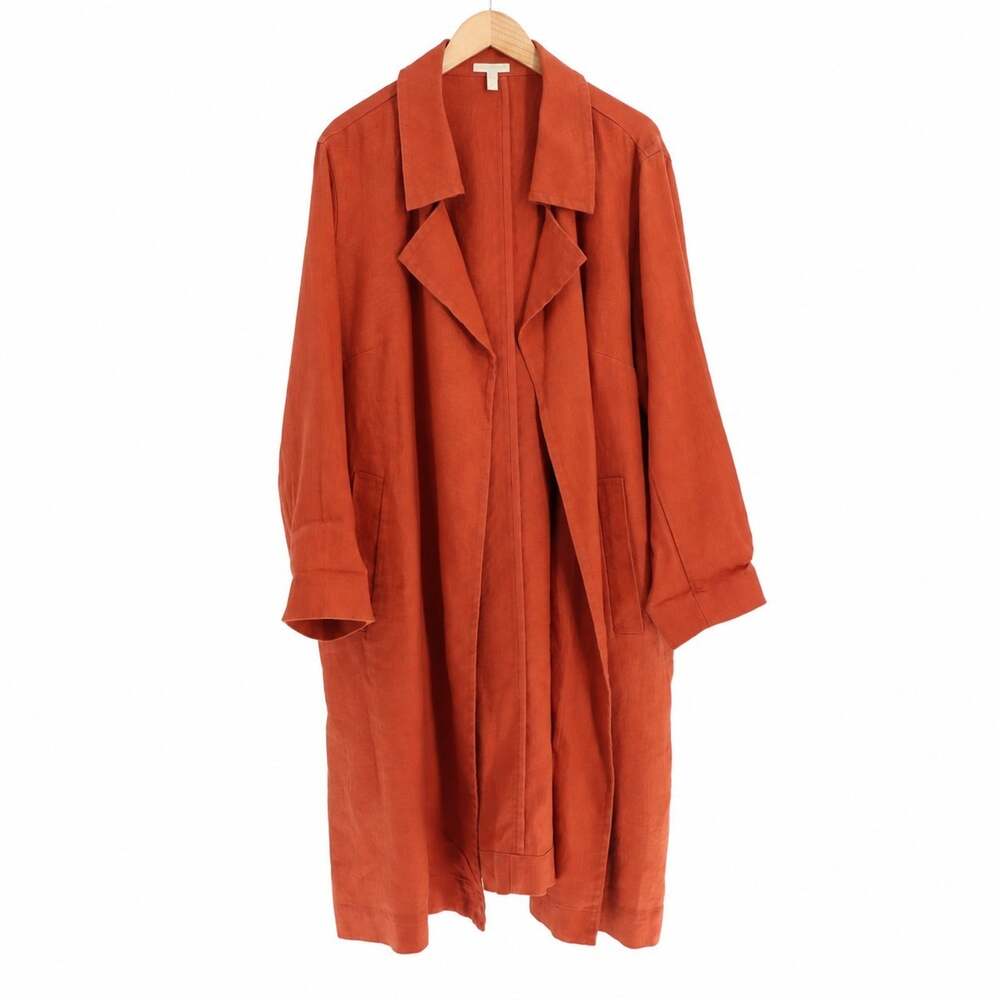 Eileen Fisher Women's Sz 2X Organic Linen Long Duster Trench Coat Rust Orange